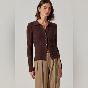 Astr Ribbed Knit Cardigan in Warm Brown